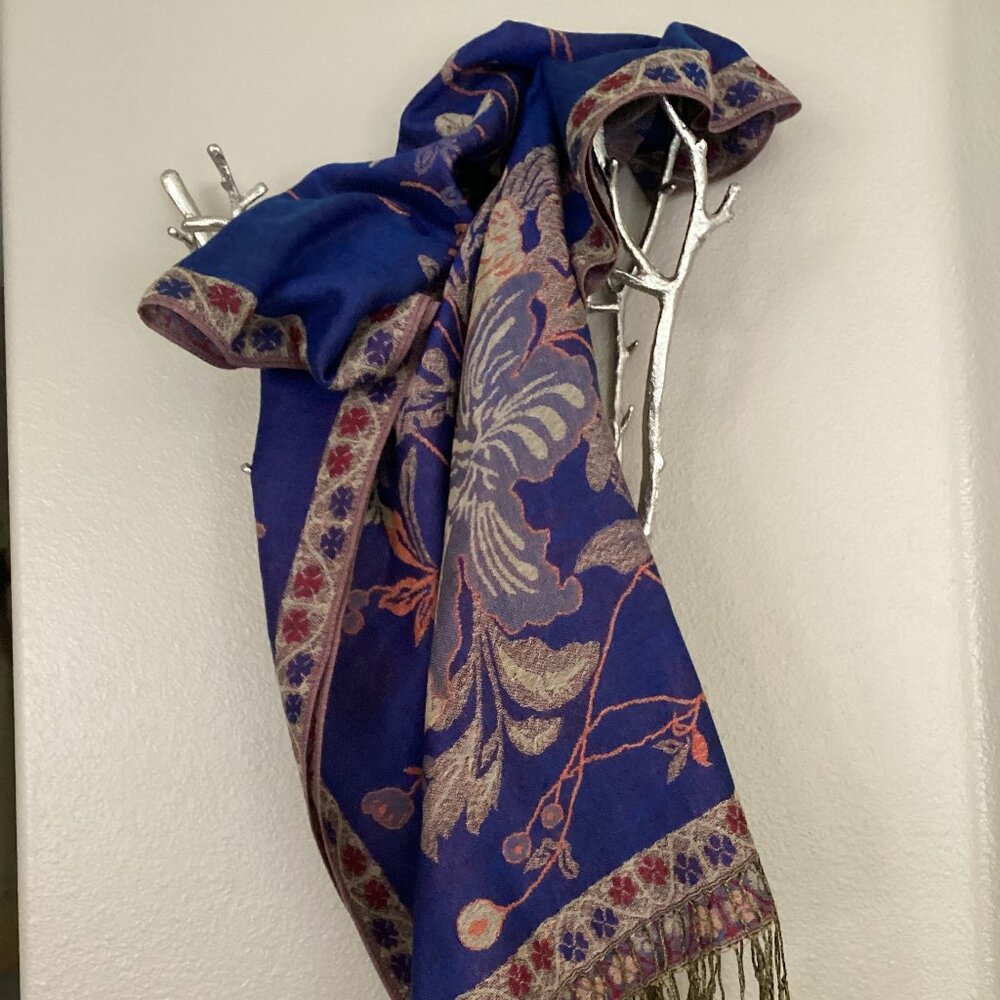 Reversible blue and tan flowered shawl, wrap, scarf 78" x 25"